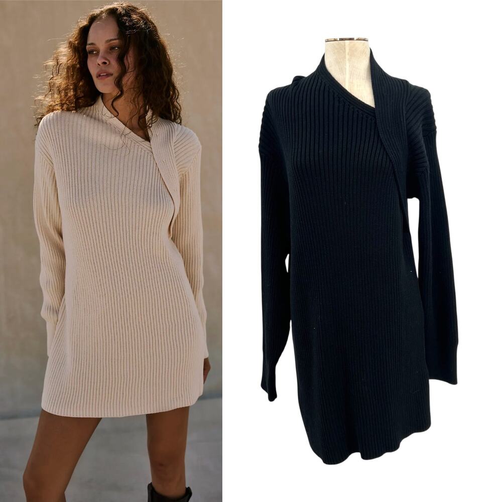 Free People Beach‎ Alba Asymmetric Ribbed Sweater Black Tunic Womens Large